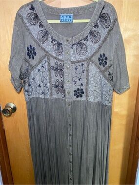 M.P.H. Embroidered Button-Front Maxi Dress in Taupe